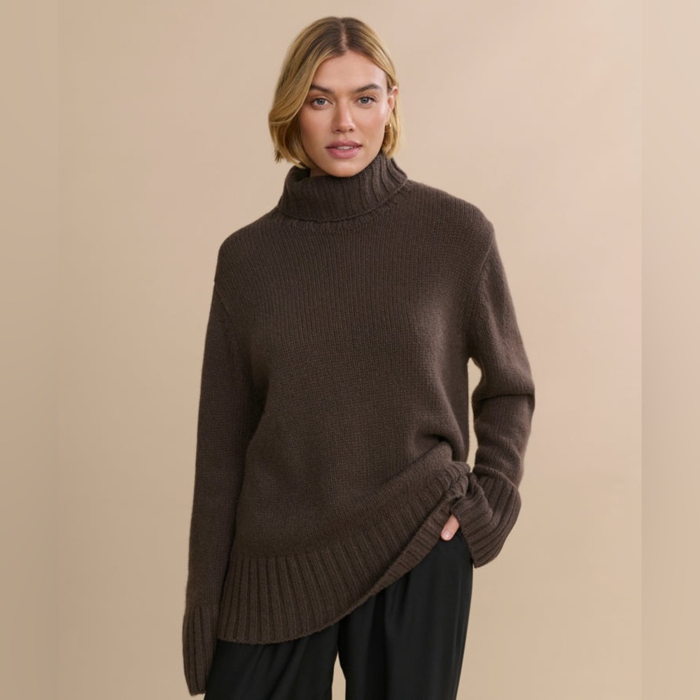 Jenni Kayne Chocolate Brown Turtleneck Jet Sweater Cashmere
